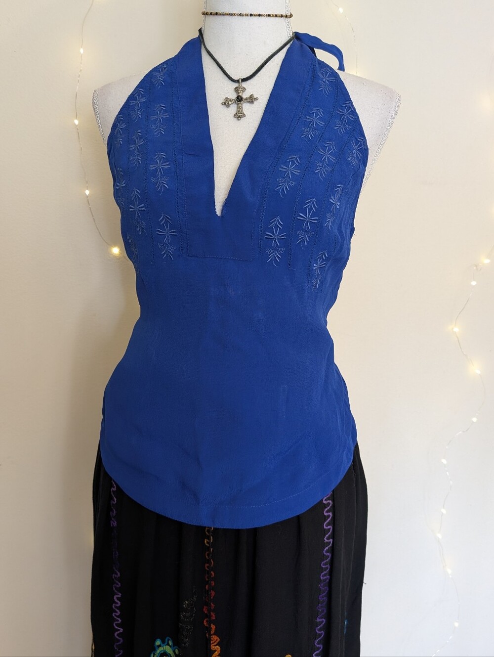 Free People Royal Blue Halter Embroidered Camisole